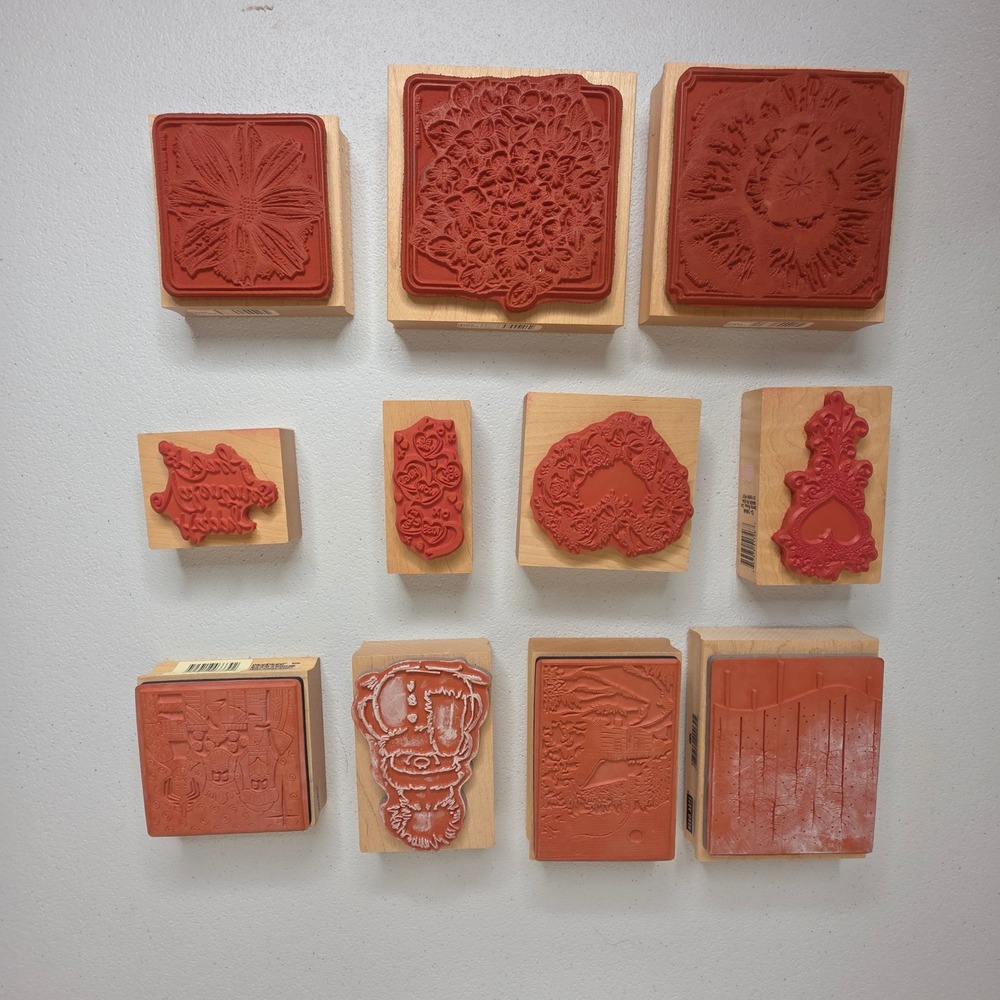 Stampin Up Rubber Stamps Mixed Lot 11pc Tan Winter Valentine Floral Wood Block - Picture 2 of 3